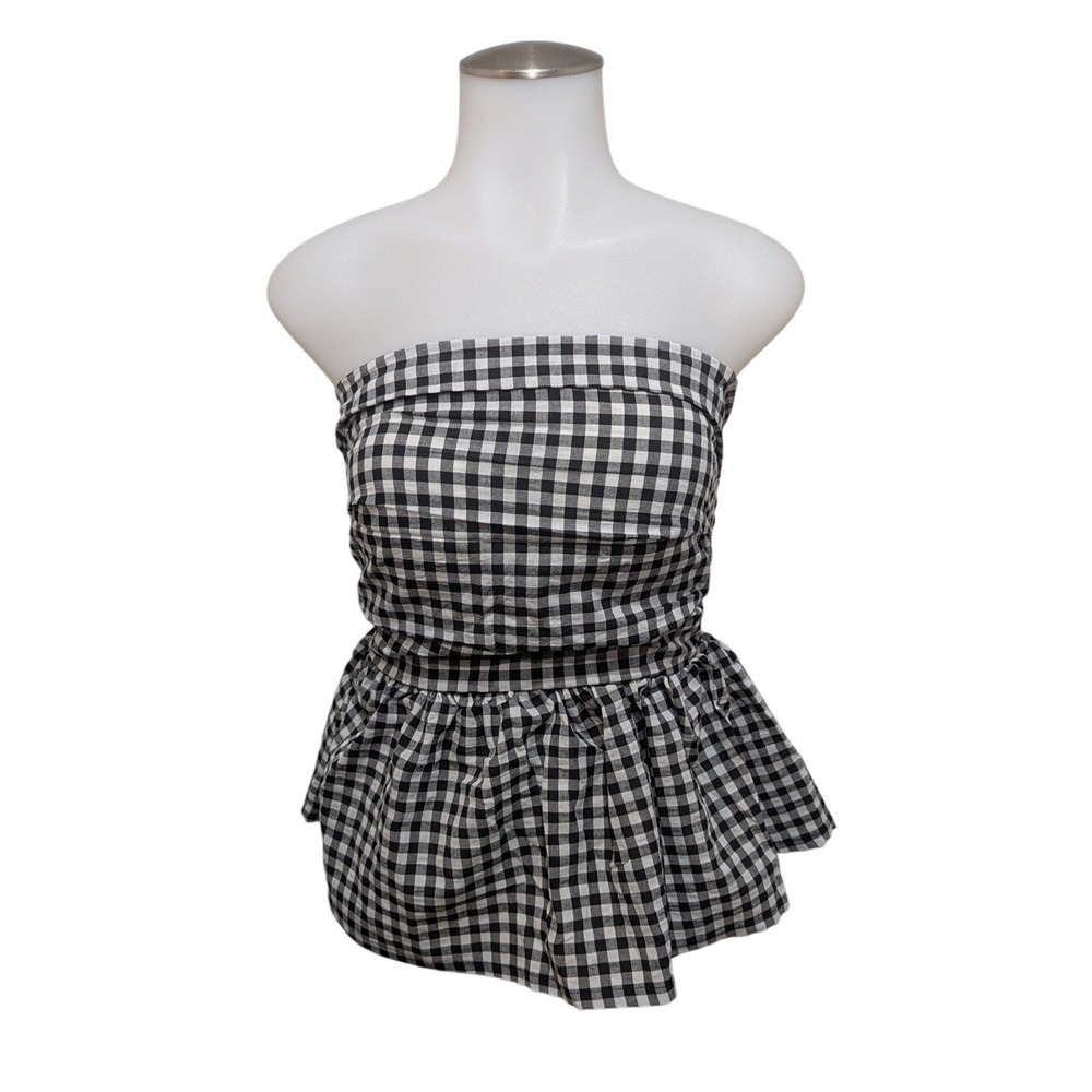 T'achi Gingham Peplum Tube Top Womens Small Black White Smocked Padded Coquette